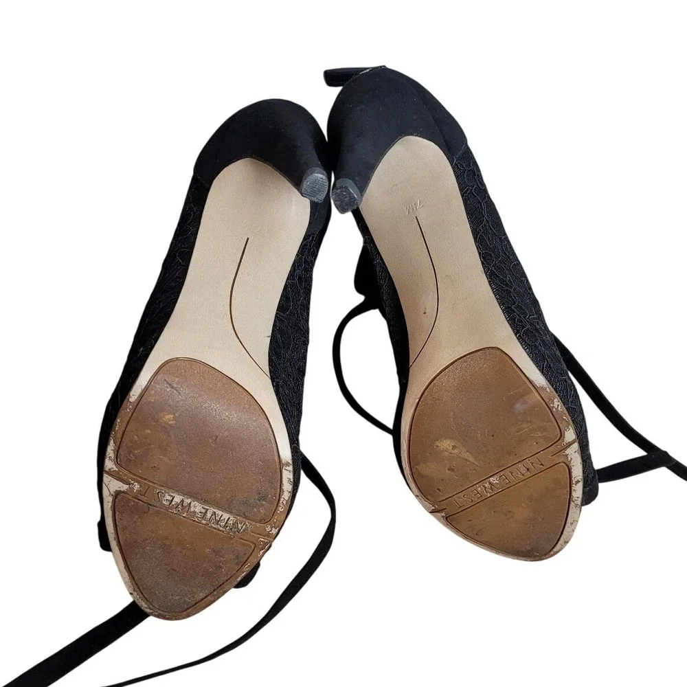 Nine West Enetta Black Lace High Heels Women's 7.5 Peep Toe Zip Boho Whimsigoth.